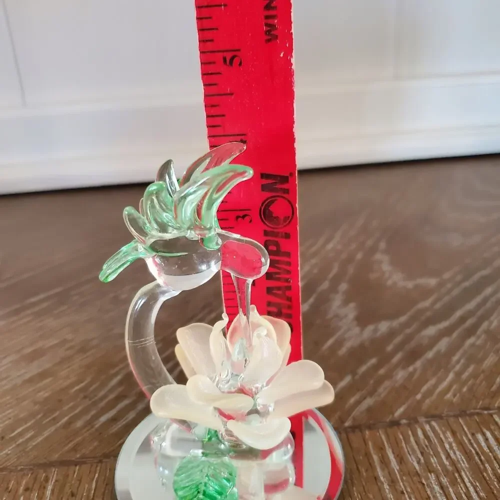 Vintage Hand-Blown Art Glass Hummingbird Figure w/ Flower on Mirror Small Floral